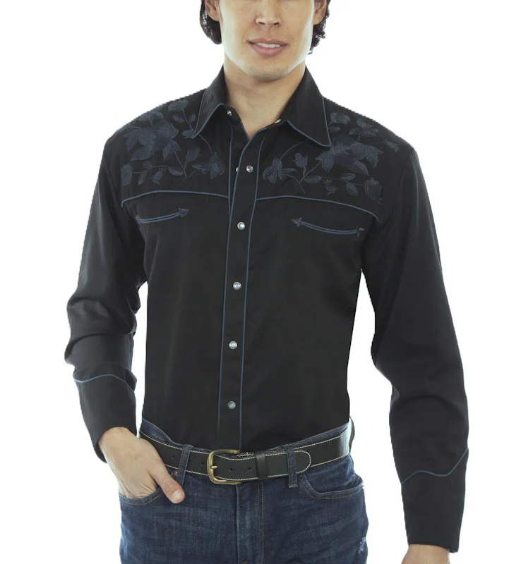 Men's Scully rose Embroidered retro Piped black Western Shirt