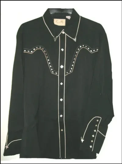 A "Night Hawk" Mens Scully Diamond Snap Embroidered Western Shirt with white stitching.