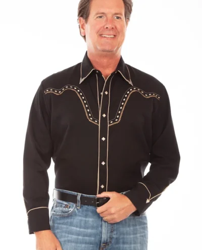 mens silver collar tipped black western shirt diamond pearl snaps