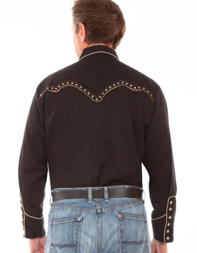 The back of a man wearing jeans and a "Night Hawk" Mens Scully Diamond Snap Embroidered Western Shirt.