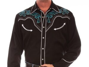 A man wearing a Mens Scully Turquoise Boot Stitch Black Western Shirt and jeans.