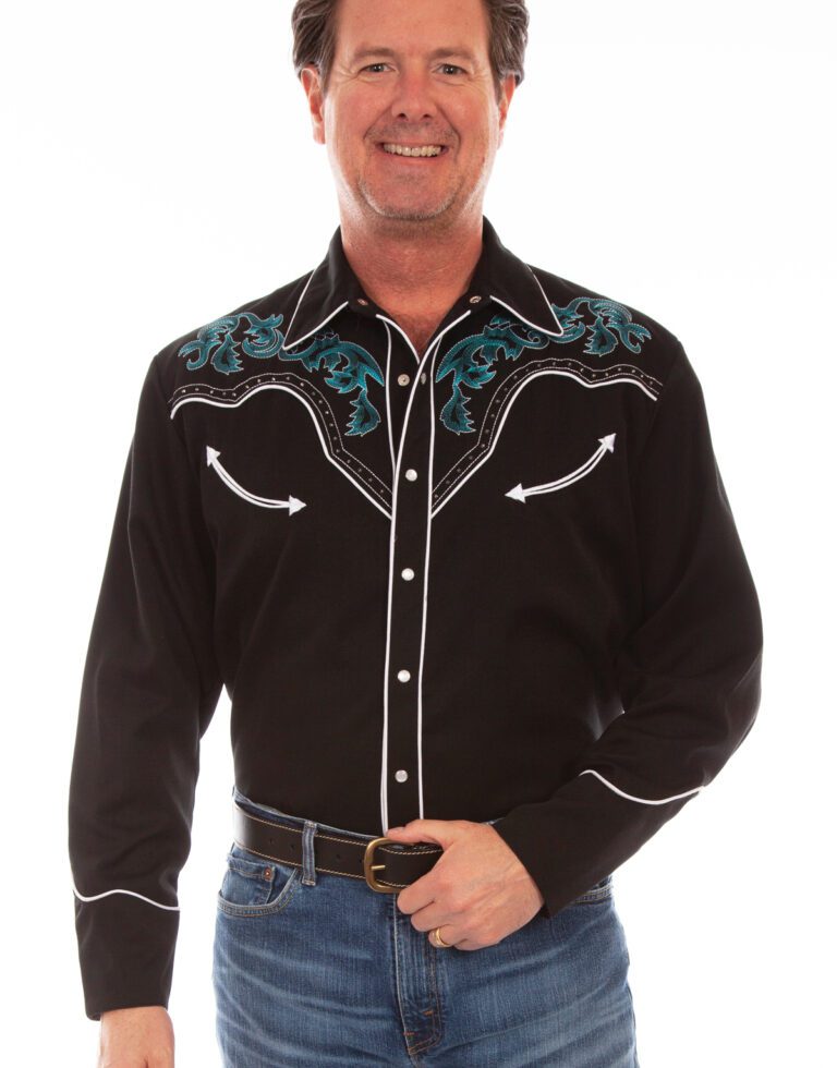 A man wearing a Mens Scully Turquoise Boot Stitch Black Western Shirt and jeans.