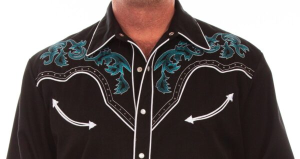 A man wearing a Mens Scully Turquoise Boot Stitch Black Western Shirt.