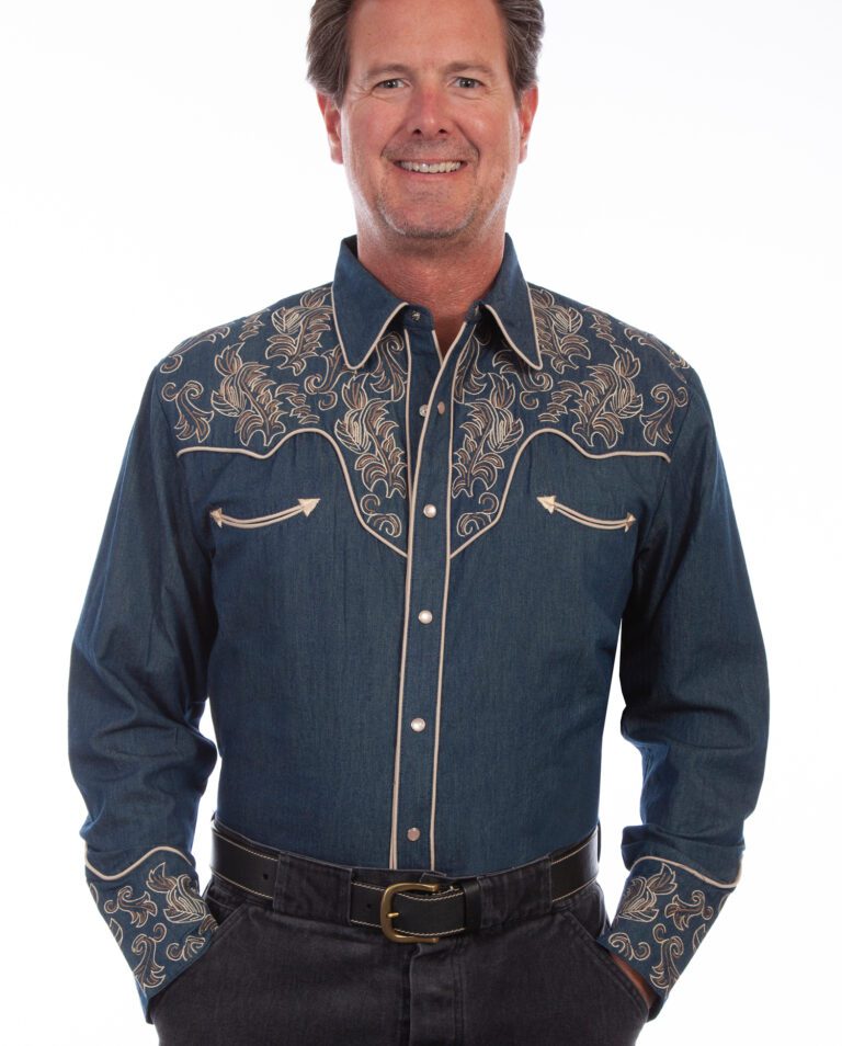 A man wearing a Leaf Embroidered Mens Scully Denim Western Shirt and jeans.