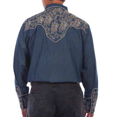 Mens pearl snap Embroidered denim Western Shirt.