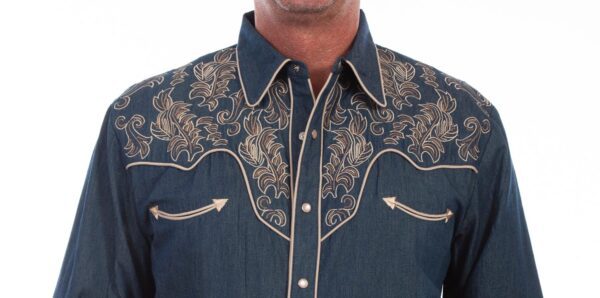 A man wearing a Leaf Embroidered Mens Scully Denim Western Shirt.