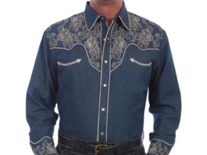 Mens pearl snap Embroidered denim Western Shirt.