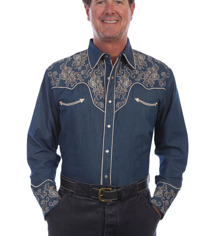 Mens pearl snap Embroidered denim Western Shirt.