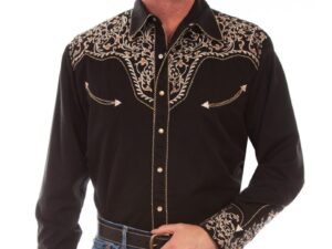 A man wearing a Twisted Piped Brown Vine Embroidered Mens Scully Western Shirt.