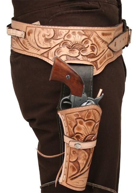 .38 Caliber Natural Tooled Leather Single Western Gun Holster