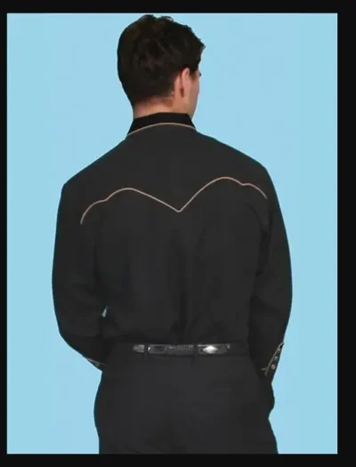 The back of a man wearing a Mens "Remington" black western shirt by Scully.