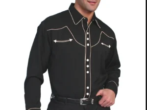 A man wearing a Scully Mens Black with Cream Pipe Western Shirt.