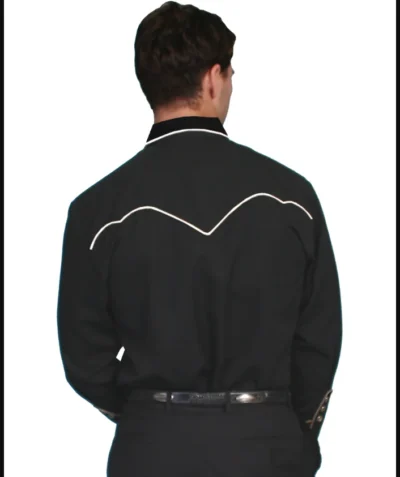 The back view of a man sporting a black cowboy jacket, paired with a Scully Mens Black with Cream Pipe Western Shirt.