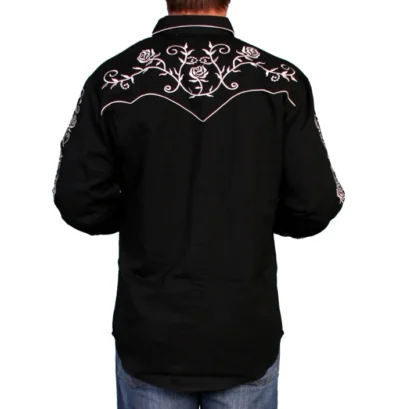The back of a man wearing a Ponderosa Men's Black Rose Embroidered Western Shirt.