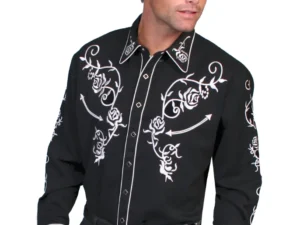A man wearing a Ponderosa Men's Black Rose Embroidered Western Shirt.