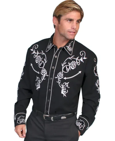 A man wearing a Ponderosa Men's Black Rose Embroidered Western Shirt.