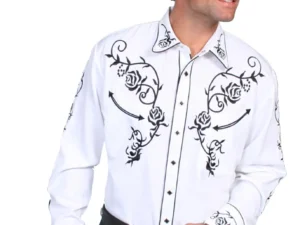 A man wearing a Ponderosa Men's White Rose Embroidered Western Shirt.