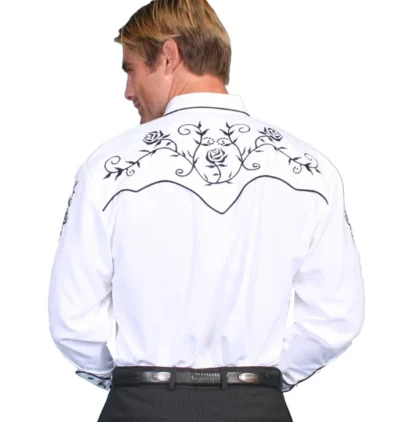The back of a man wearing a Ponderosa Men's White Rose Embroidered Western Shirt with black embroidery.
