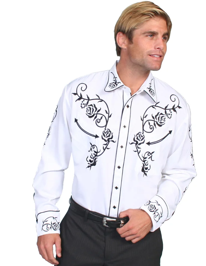 A man wearing a Ponderosa Men's White Rose Embroidered Western Shirt.
