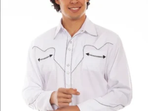 A man in a white western shirt posing for a photo wearing a Mens Scully Rockabilly Black Piped White Western Shirt.