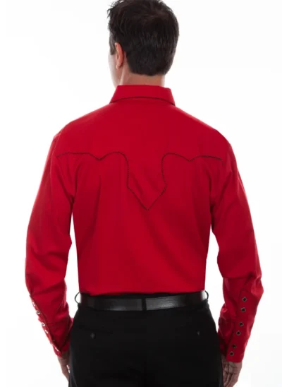 The back view of a man wearing a Mens Scully Rockabilly Piped Red Western Shirt.