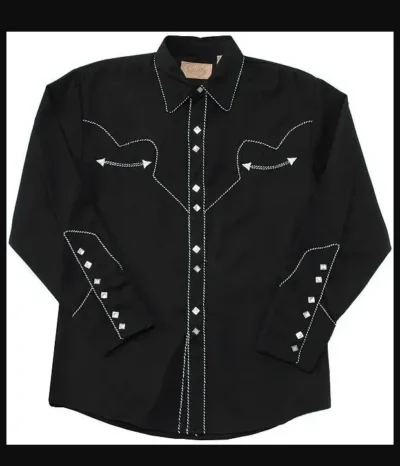 A Mens Scully Rockabilly White piped black Western Shirt with white stitching.