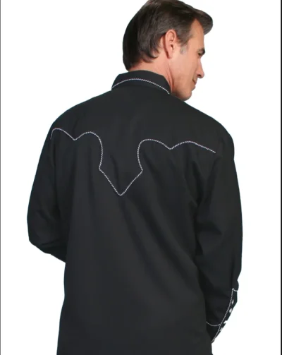 The back view of a man wearing a Mens Scully Rockabilly White piped black Western Shirt.