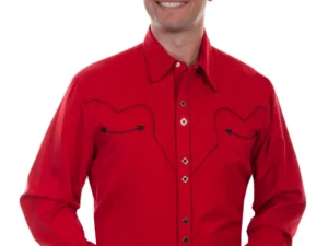 A man wearing a Mens Scully Rockabilly Piped Red Western Shirt.