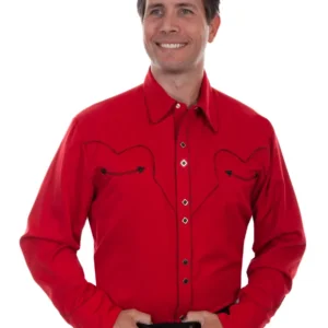 A man wearing a Mens Scully Rockabilly Piped Red Western Shirt.