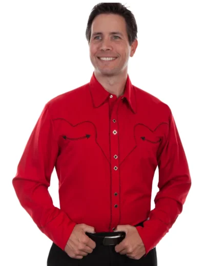 A man wearing a Mens Scully Rockabilly Piped Red Western Shirt.