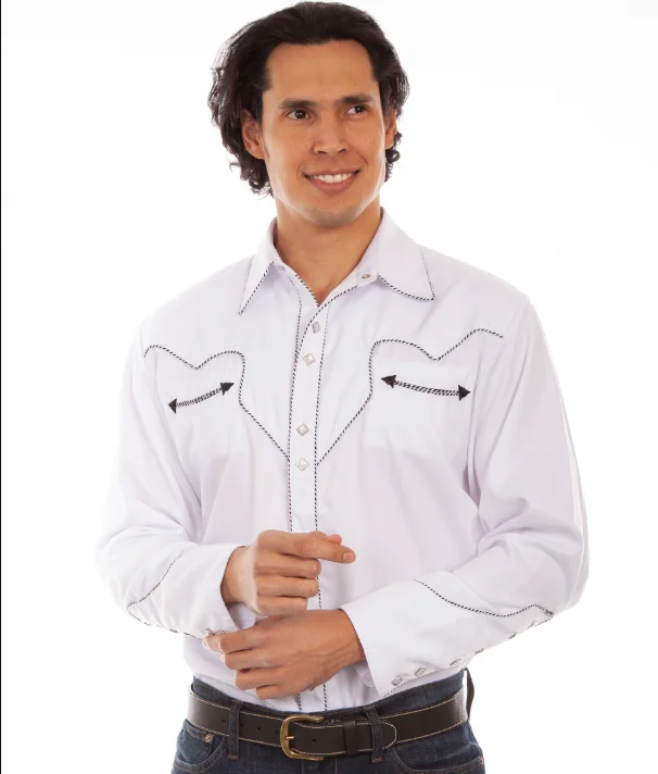 A man in a white western shirt posing for a photo wearing a Mens Scully Rockabilly Black Piped White Western Shirt.