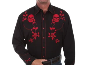 A man wearing a Scully Men's Red Skull n Roses Western Shirt.