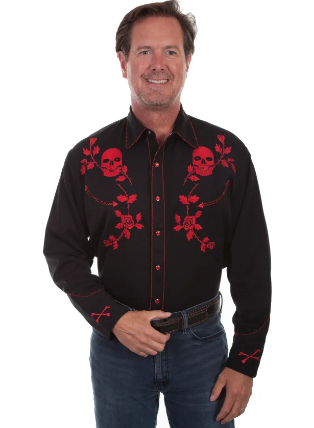 A man wearing a Scully Men's Red Skull n Roses Western Shirt.