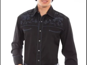A man wearing a Mens Scully Black Embroidered Rose Piped Western Shirt and jeans.