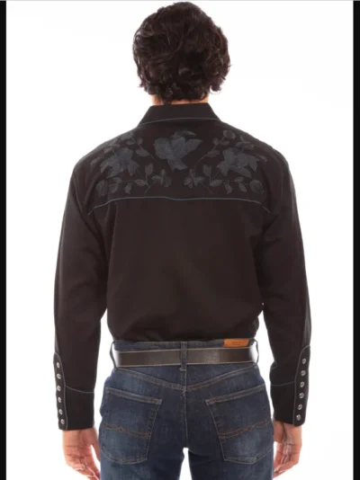 The back view of a man wearing black jeans and a Mens Scully Black Embroidered Rose Piped Western Shirt.