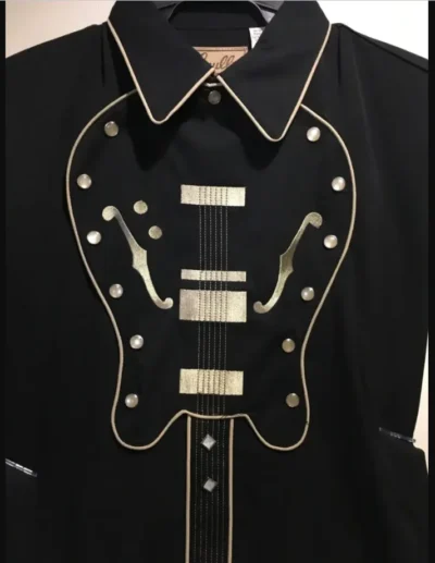 A Mens Scully Black Bib Embroidered Guitar Shirt, perfect for any music-loving man.
