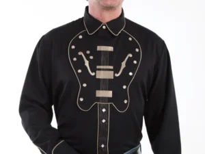 A man wearing a Mens Scully Black Bib Embroidered Guitar Shirt.