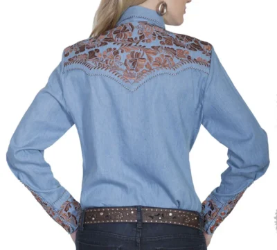 Scully women's brown embroidered blue denim western shirt