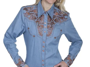 Scully women's brown embroidered blue denim western shirt