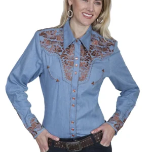 Scully women's brown embroidered blue denim western shirt