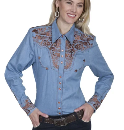 Scully women's brown embroidered blue denim western shirt