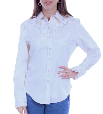 Scully Womens white Embroidered Western Shirt