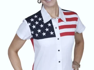Scully womens short sleeve stars and stripes embroidered USA Flag shirt