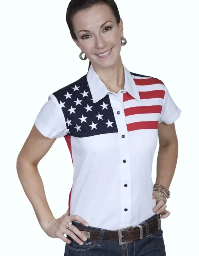 Scully womens short sleeve stars and stripes embroidered USA Flag shirt