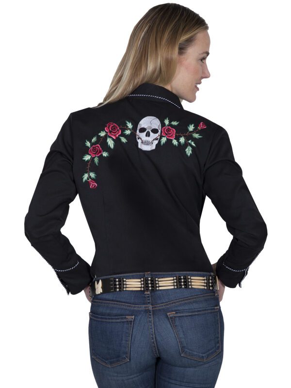A woman wearing a "Skull & Roses" Scully Womens Black Western Shirt.