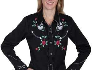 skull and rose embroidered western shirt for women