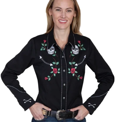 skull and rose embroidered western shirt for women