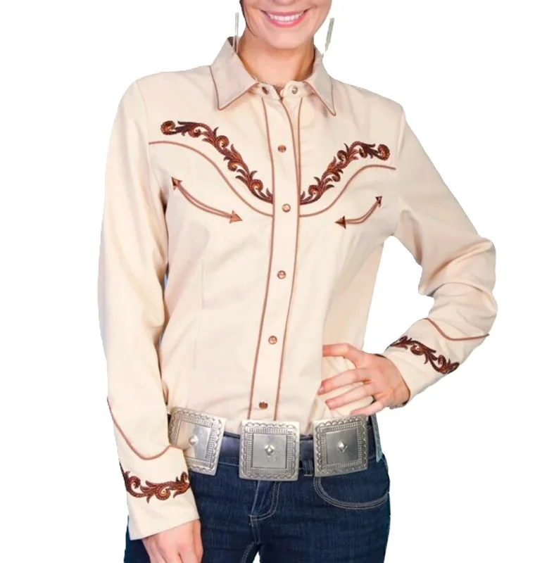 scully women's tan embroidered western shirt