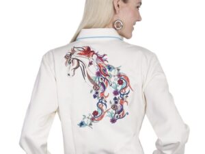 The back view of a woman wearing a Scully womens colorful horse embroidered cream western shirt.