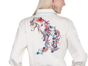 cream multi colored horse embroidered pearl snap western shirt for women